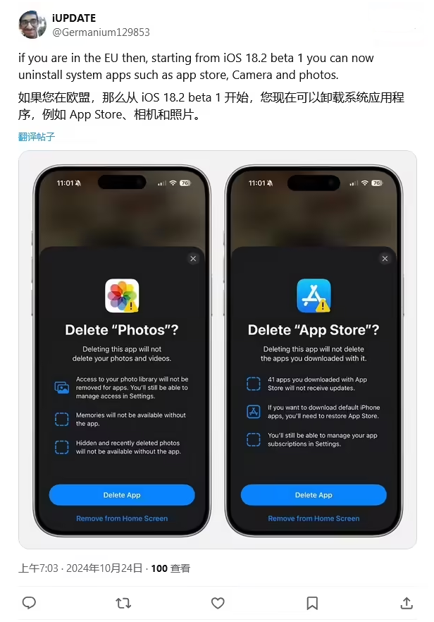 黄埔苹果手机维修分享iOS 18.2 支持删除 App Store 应用商店 